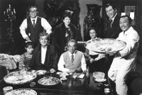 A TAXING WOMAN'S RETURN, (standing l-r): Hosei Komatsu, Haruko Kato, Koichi Ueda, Mansaku Fuwa, (sitting l-r): Yoriko Doguchi, Rentaro Mikuni, Takeya Nakamura, Mihoko Shibata, 1988, (c)New Yorker Films