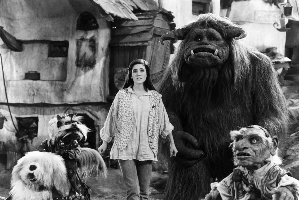 LABYRINTH, Sir Didymus (riding on Ambrosius), Jennifer Connelly, Ludo, Hoggle, 1986, (c)TriStar Pictures