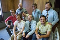 The Birthday Boys, from left: Dave Ferguson, Mike Hanford, Chris VanArtsdalen, Matt Kowalick, Tony Hale, Jefferson Dutton, Mike Mitchell, Tim Kalpakis, 'Cerf's Folly', Season 2, Ep. #9, 12/12/2014, ©IFC