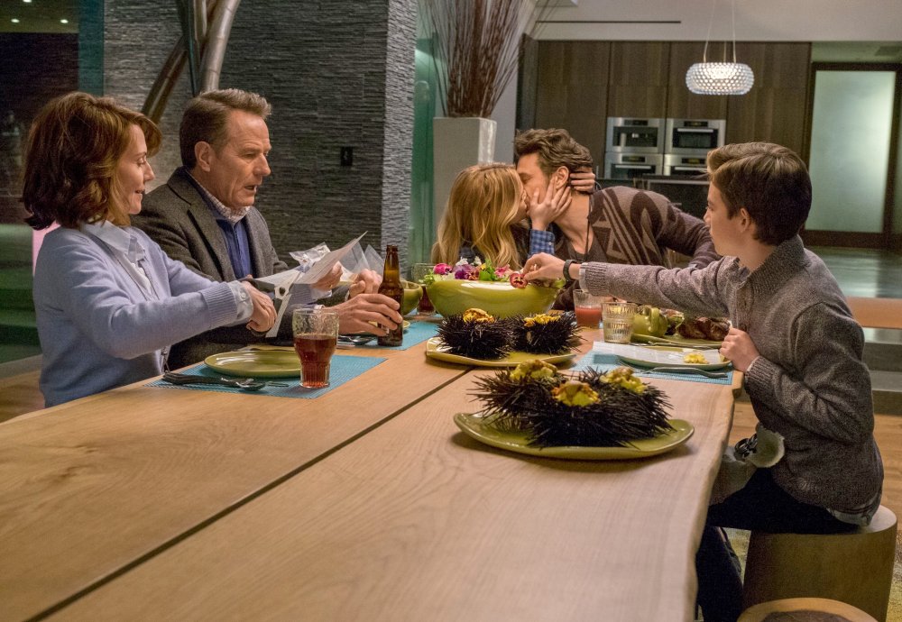 WHY HIM?, from left: Megan Mullally, Bryan Cranston, Zoey Deutch, James Franco, Griffin Gluck, 2016, ph: Scott Garfield/TM and copyright ©20th Century Fox. All rights reserved.