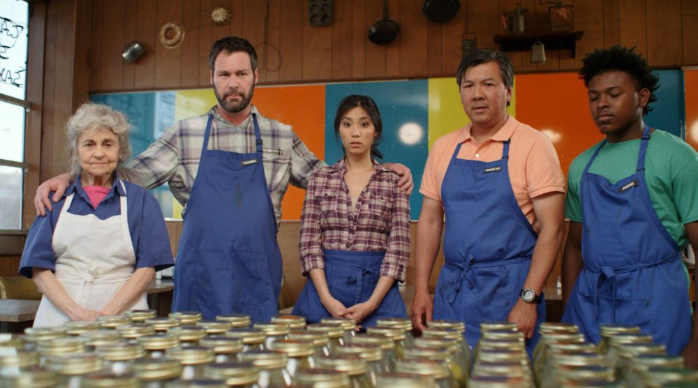 THE PICKLE RECIPE, Lynn Cohen (left), Jon Dore (left of center), Miriam Lee (center), Joe Yau (right of center), 2016. © Adopt Films