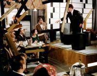 PLAYTIME, Barbara Dennek (raised hand), Jacques Tati (bowtie), 1967