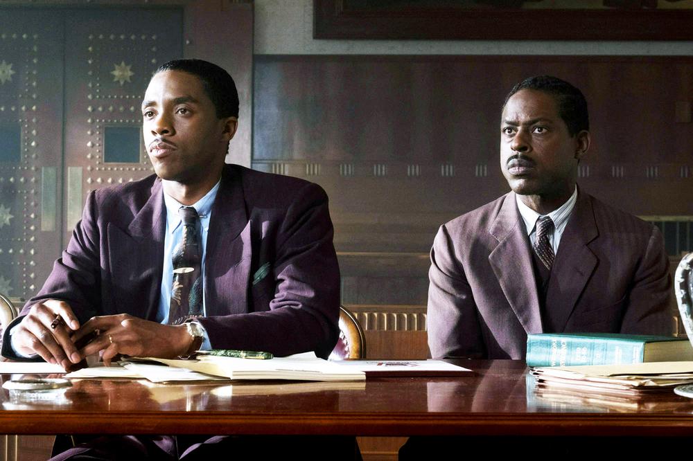 MARSHALL, FROM LEFT, CHADWICK BOSEMAN, STERLING K. BROWN, 2017. PH: BARRY WETCHER. ©OPEN ROAD FILMS