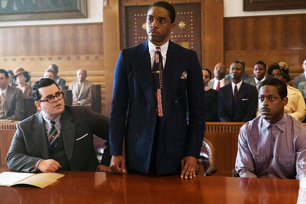 MARSHALL, FROM LEFT, JOSH GAD, CHADWICK BOSEMAN, STERLING K. BROWN, 2017. PH: BARRY WETCHER. ©OPEN ROAD FILMS
