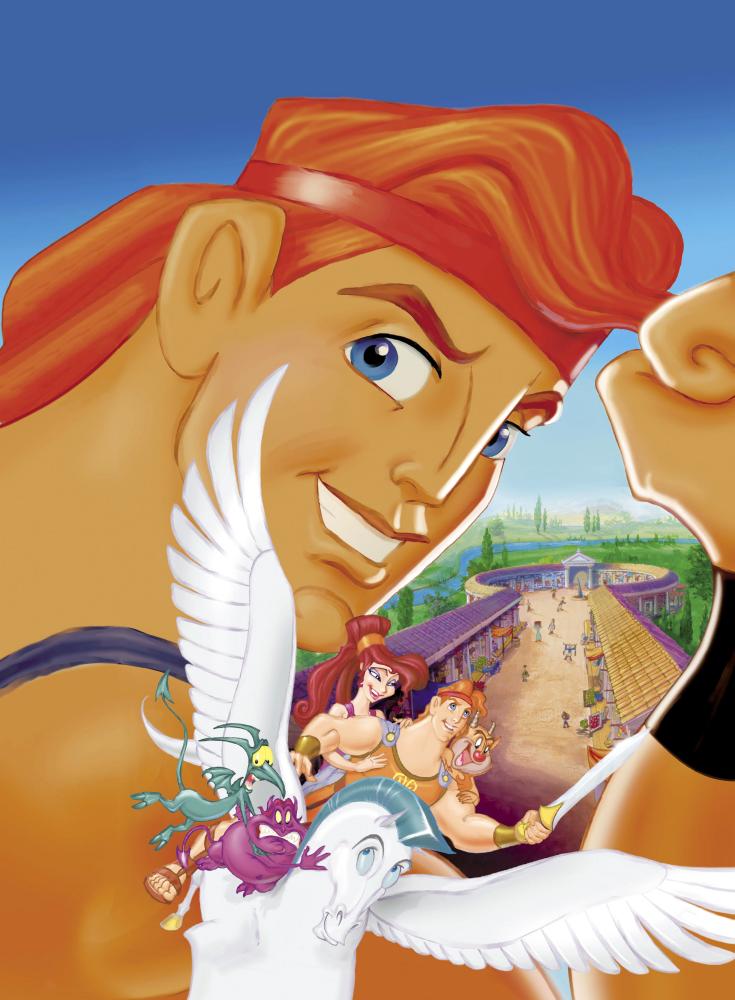 HERCULES, background: Hercules, foreground from left: Panic, Pain, Megara, Hercules, Philoctetes, Pegasus, 1997, ©Walt Disney Pictures