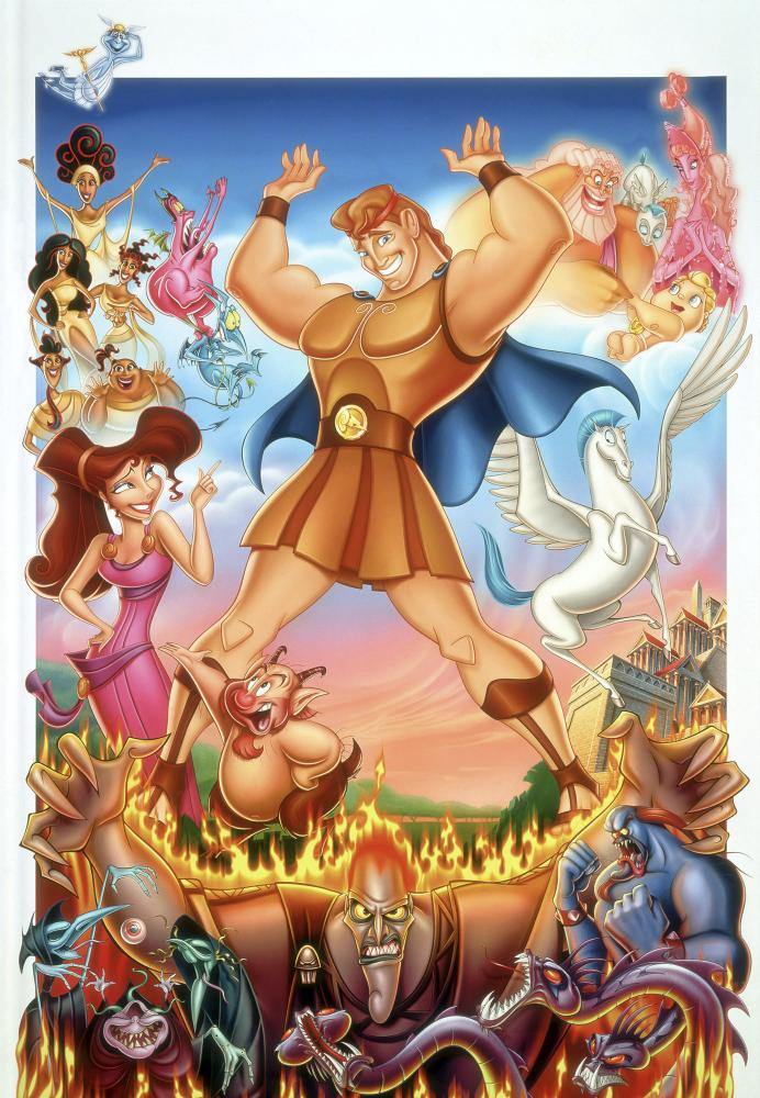 HERCULES, clockwise from top left: Hermes, Muses, Pain, Panic, Megara, Philoctetes, The Fates, Hades, Pegasus, Baby Hercules, Zeus, Baby Pegasus, Hera, center: Hercules, 1997, ©Walt Disney Pictures