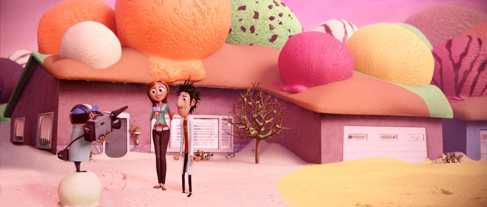 CLOUDY WITH A CHANCE OF MEATBALLS, from left: Manny (voice: Benjamin Bratt), Sam Sparks (voice: Anna Faris), Flint Lockwood (voice: Bill Hader), 2009. ©Sony Pictures