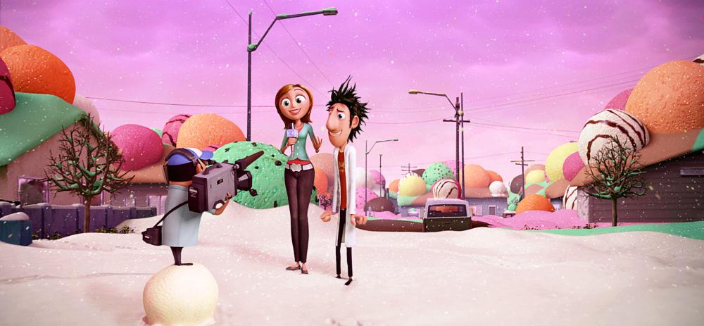 CLOUDY WITH A CHANCE OF MEATBALLS, from left: Manny (voice: Benjamin Bratt), Sam Sparks (voice: Anna Faris), Flint Lockwood (voice: Bill Hader), 2009. ©Sony Pictures