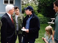 SCARY MOVIE 3, Leslie Nielsen, Charlie Sheen, director David Zucker on the set, 2003, (c) Dimension