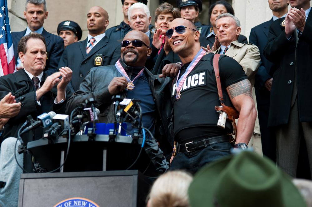 THE OTHER GUYS, Samuel L. Jackson (left of center), Dwayne Johnson (right of center), 2010. ©Columbia Pictures