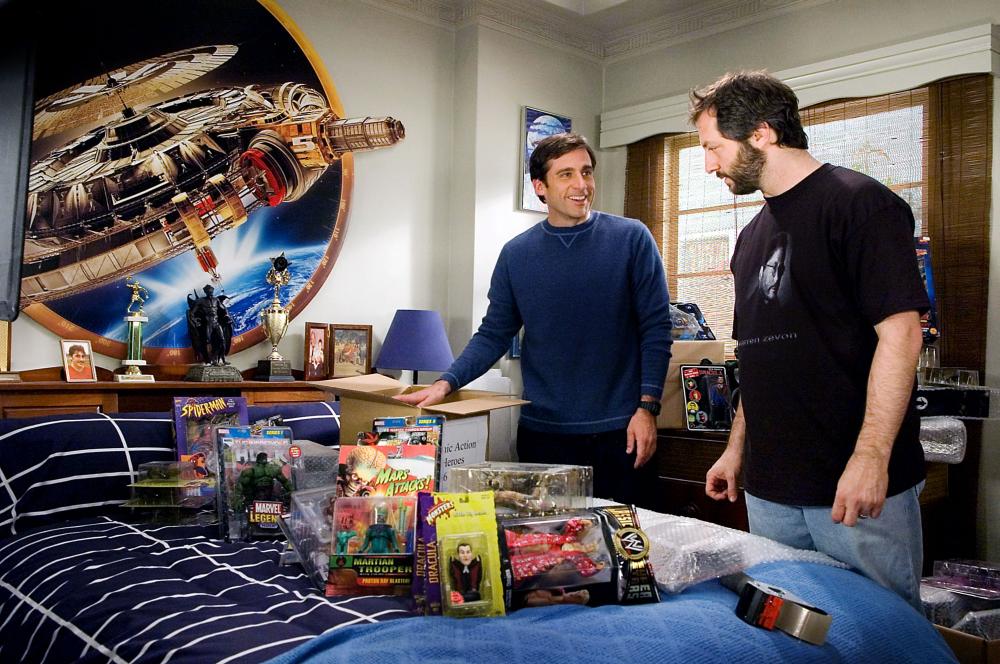 THE 40 YEAR OLD VIRGIN, star, co-writer and co-producer Steve Carell with director, co-writer and co-producer Judd Apatow on set, 2005, (c) Universal