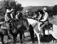 STARS OVER ARIZONA, second, third, fourth, fifth, sixth and seventh from left: Horace Murphy, Charles Romas, Glenn Strange, Hal Price, Kathleen Eliot, Jack Randall, 1937