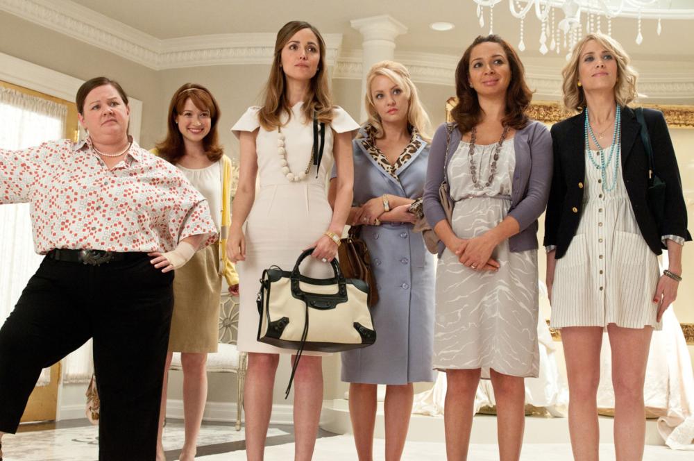 BRIDESMAIDS, from left: Melissa McCarthy, Ellie Kemper, Rose Byrne, Wendi McLendon-Covey, Maya Rudolph, Kristen Wiig, 2011. ph: Suzanne Hanover/©Universal Pictures