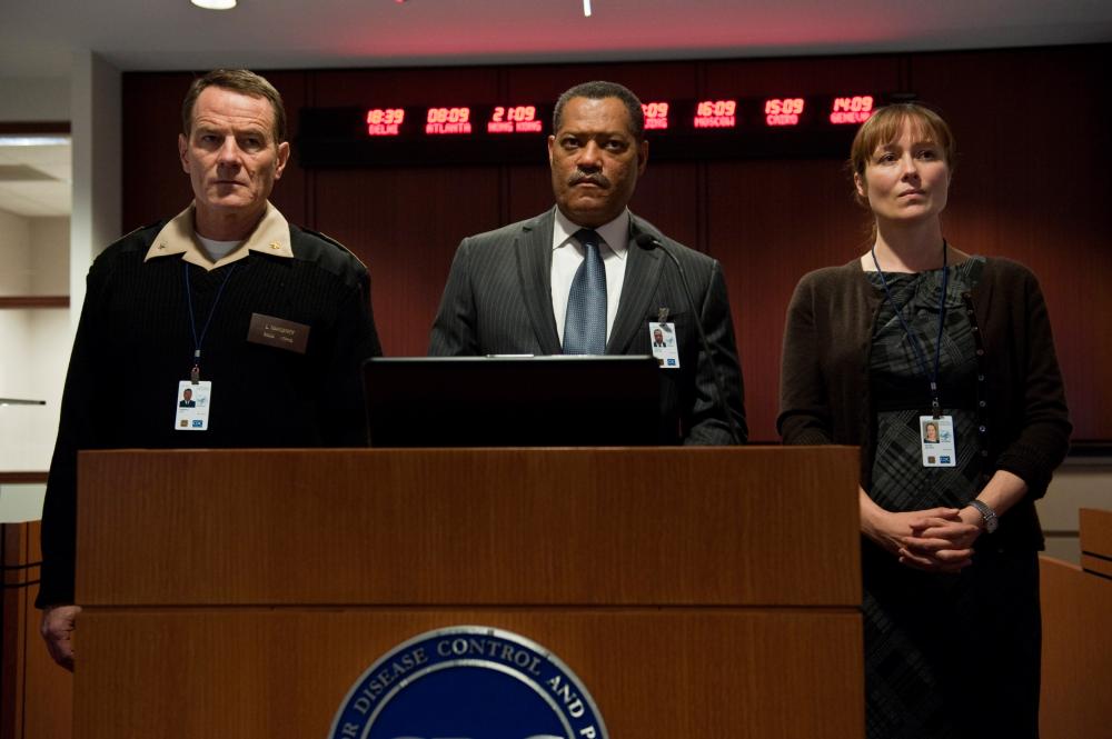 CONTAGION, from left: Bryan Cranston, Laurence Fishburne, Jennifer Ehle, 2011. ph: Claudette Barius/©Warner Bros