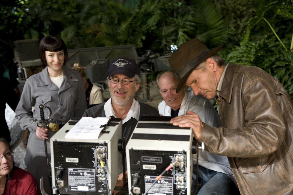 Cate Blanchett, Steven Spielberg and Harrison Ford on the set of "Indiana Jones and the Kingdom of the Crystal Skull"