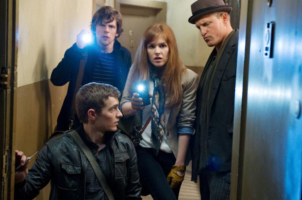 NOW YOU SEE ME, from left: Dave Franco (front), Jesse Eisenberg, Isla Fisher, Woody Harrelson, 2013, ph: Barry Wetcher/©Summit Entertainment