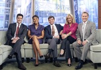 Good Morning America, from left: Josh Elliott, Robin Roberts, George Stephanopoulos, Lara Spencer, Sam Champion, 11/03/1975, ©ABC