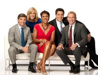 Good Morning America, from left: George Stephanopoulos, Lara Spencer, Robin Roberts, Josh Elliott, Sam Champion, 11/03/1975, ©ABC