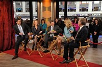 Good Morning America, from left: Josh Elliott, Amy Robach, George Stephanopoulos, Lara Spencer, Sam Champion, 11/03/1975, ©ABC