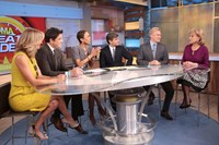 Good Morning America, from left: Lara Spencer, Josh Elliott, Robin Roberts, George Stephanopoulos, Sam Champion, 11/03/1975, ©ABC