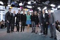 Good Morning America, from left: Josh Elliott, Sam Champion, Lara Spencer, Amy Robach, George Stephanopoulos, 11/03/1975, ©ABC