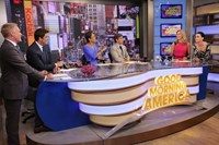Good Morning America, from left: Sam Champion, Josh Elliott, Robin Roberts, George Stephanopoulos, Lara Spencer, Katy Perry, 11/03/1975, ©ABC