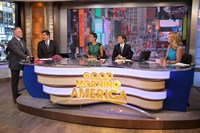 Good Morning America, from left: Sam Champion, Josh Elliott, Robin Roberts, George Stephanopoulos, Lara Spencer, 11/03/1975, ©ABC