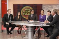 Good Morning America, from left: Sean Lowe, Catherine Giudici, Josh Elliott, Robin Roberts, George Stephanopoulos, Sam Champion, 'Season', ©ABC
