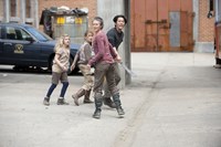 Talking Dead, from left: Kyla Kenedy, Brighton Sharbino, Melissa McBride, Steven Yeun, 10/16/2011, ©AMC