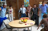 COOTIES, from left: Rainn Wilson, Nasim Pedrad, Elijah Wood, Alison Pill, Leigh Whannell, Jack McBrayer, 2014. ph: ph Tony Rivetti Jr./©Universal Pictures