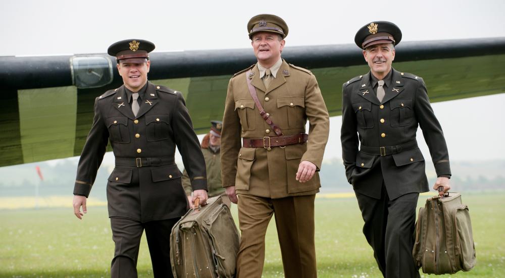 THE MONUMENTS MEN, from left: Matt Damon, Hugh Bonneville, George Clooney, 2014. ph: Claudette Barius/©Sony Pictures