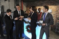 The Good Wife, from left: Christopher Fitzgerald, Matthew Lillard, Julianna Margulies, Matt Czuchry, 'Goliath and David', Season 5, Ep. #11, 01/05/2014, ©CBS