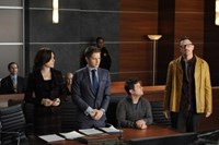 The Good Wife, from left: Julianna Margulies, Matt Czuchry, Christopher Fitzgerald, Matthew Lillard, 'Goliath and David', Season 5, Ep. #11, 01/05/2014, ©CBS