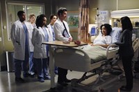 Grey's Anatomy, from left: Gaius Charles, Tessa Ferrer, Jerrika D. Hinton, Camilla Luddington, Patrick Dempsey, Raney Branch, Amy Okuda, 'Go It Alone', Season 10, Ep. #20, 04/17/2014, ©ABC