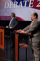 Parks and Recreation, Brad Leland (L), Carlos Cervantes (R), 'The Debate', Season 4, Ep. #20, 04/26/2012, ©NBC